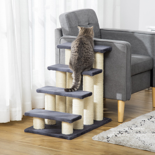PawHut Cat Tree With 4 Steps For High Beds Couch, Cute Stair Shaped Cat Tree For Indoor Cats Or Dogs W Sisal Scratching Post, Climbing, Playing, Gray - Image 10