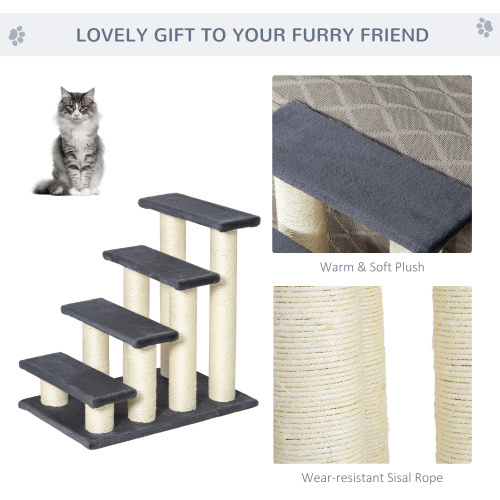 PawHut Cat Tree With 4 Steps For High Beds Couch, Cute Stair Shaped Cat Tree For Indoor Cats Or Dogs W Sisal Scratching Post, Climbing, Playing, Gray - Image 7