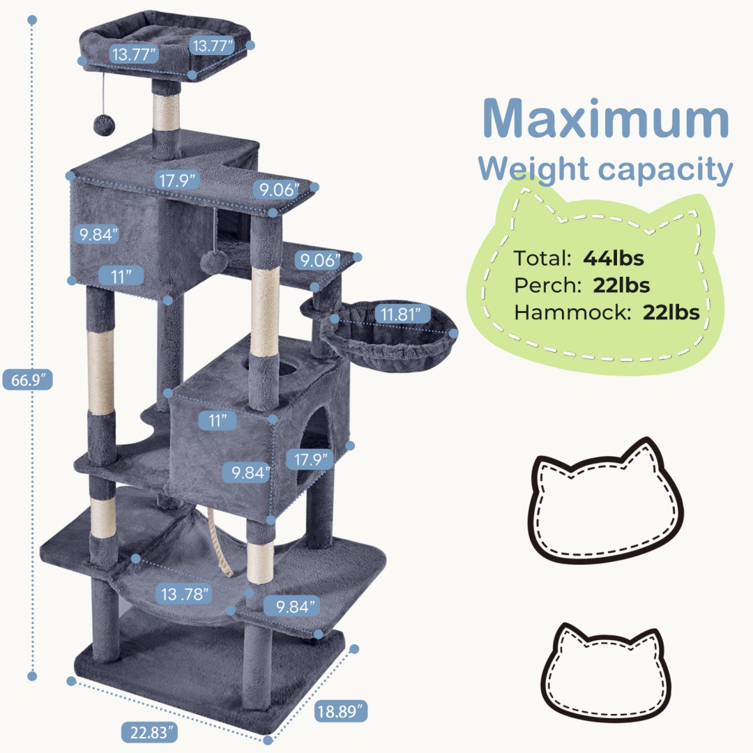 66 Inch Cat Tree Tower, Large Multi-Cat Climbing Extended Platform, Hammock, Pet House For Indoor Cats And Kittens Play - Image 10