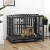 45" Heavy Duty Dog Crate, Escape-Proof Steel Kennel with Wheels, Black