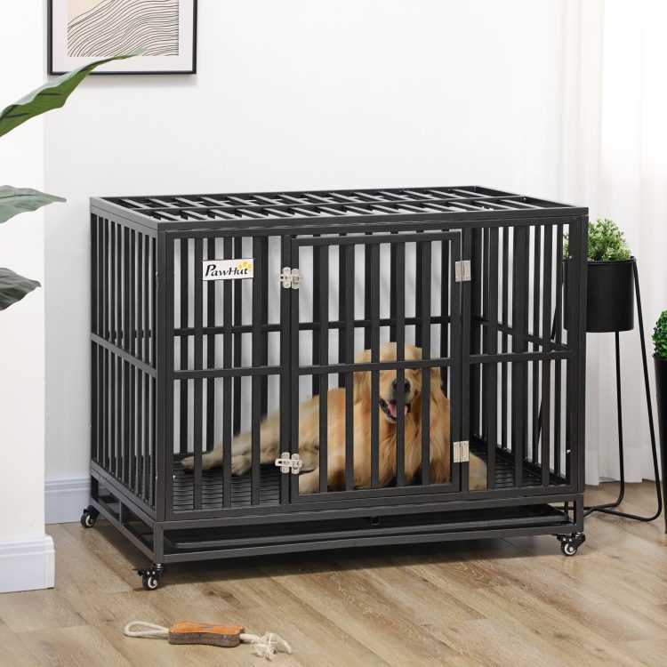45" Heavy Duty Dog Crate, Escape-Proof Steel Kennel with Wheels, Black