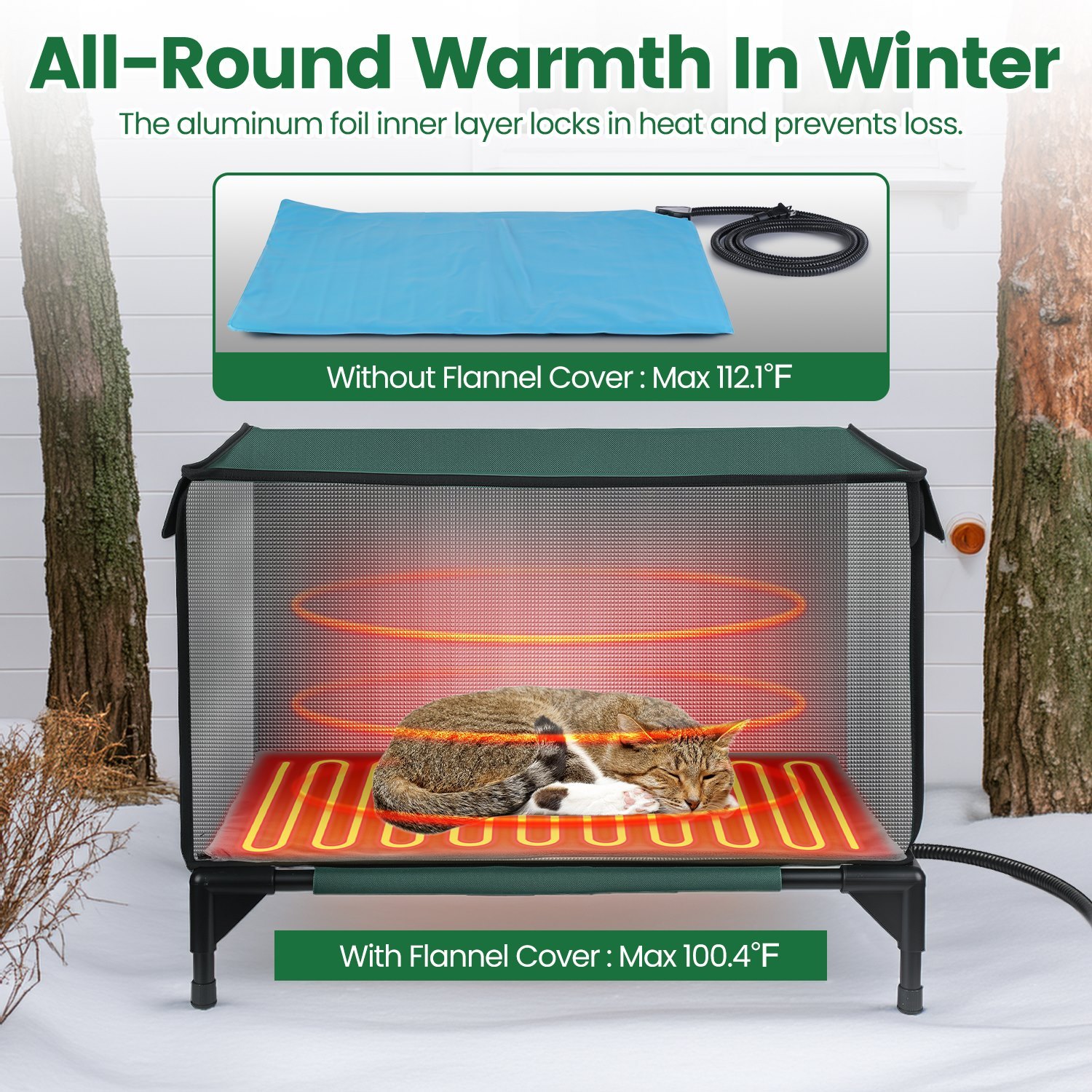 1Pc Waterproof Heated Cat House Outdoor Weatherproof Insulated Kitty Shelter Feral Cat Heating Bed With Heating Pad Anti-Chew Cord 2 Doors 3 Windows For Indoors Outdoors Winter Summer - Image 4