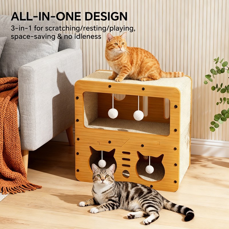 45cm Double Layer Double Cat Head Cat Scratcher Sofa, With 4 Teaser Balls, Wood -Corrugated Scratcher, Cat Claw Care & Resting Toy - Image 5