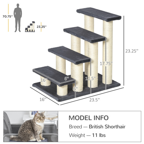 PawHut Cat Tree With 4 Steps For High Beds Couch, Cute Stair Shaped Cat Tree For Indoor Cats Or Dogs W Sisal Scratching Post, Climbing, Playing, Gray - Image 9