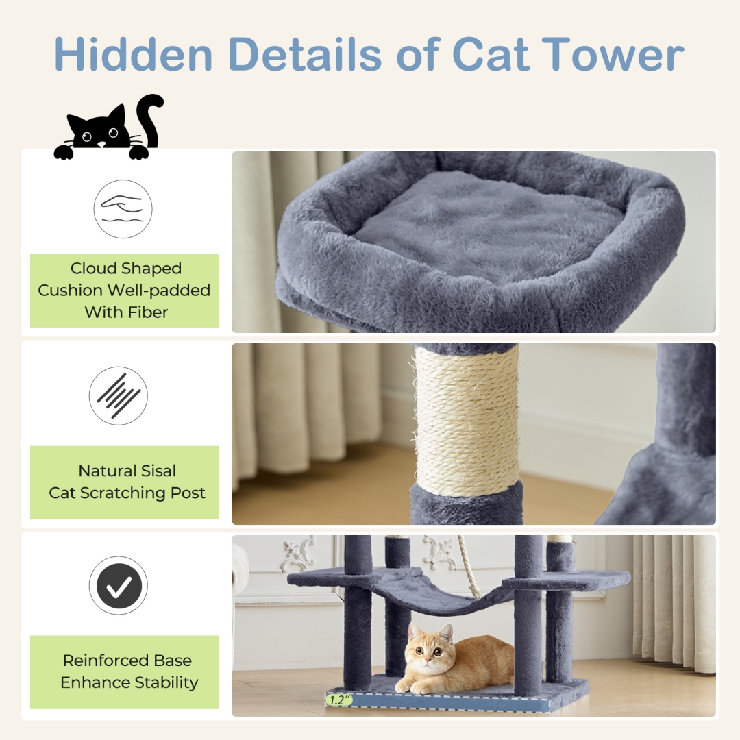 66 Inch Cat Tree Tower, Large Multi-Cat Climbing Extended Platform, Hammock, Pet House For Indoor Cats And Kittens Play - Image 9
