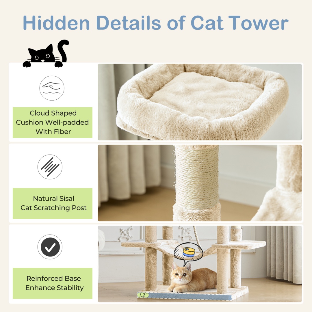 66 Inch Cat Tree Tower, Large Multi-Cat Climbing Extended Platform, Hammock, Pet House For Indoor Cats And Kittens Play - Image 3