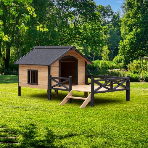 Outdoor Large Cabin Style Wooden Kennel With Porch - Image 6