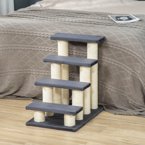 PawHut Cat Tree With 4 Steps For High Beds Couch, Cute Stair Shaped Cat Tree For Indoor Cats Or Dogs W Sisal Scratching Post, Climbing, Playing, Gray - Image 5