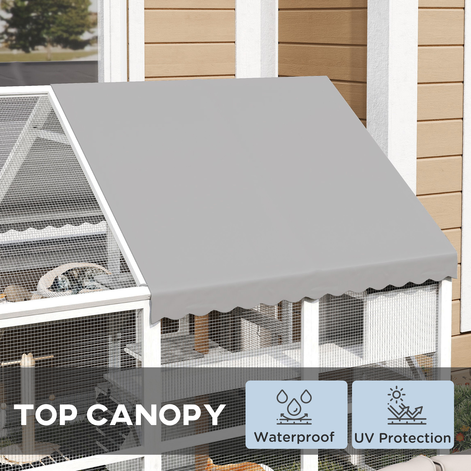Wooden Catio Outdoor Cat Enclosure With Waterproof Cover, 2 Condos, 6 Platforms, Bridge, Doors, White - Image 5