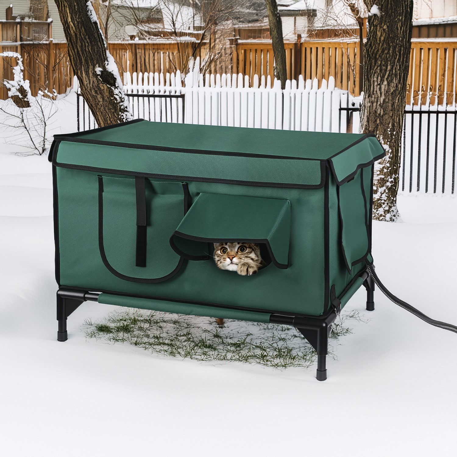 1Pc Waterproof Heated Cat House Outdoor Weatherproof Insulated Kitty Shelter Feral Cat Heating Bed With Heating Pad Anti-Chew Cord 2 Doors 3 Windows For Indoors Outdoors Winter Summer - Image 8