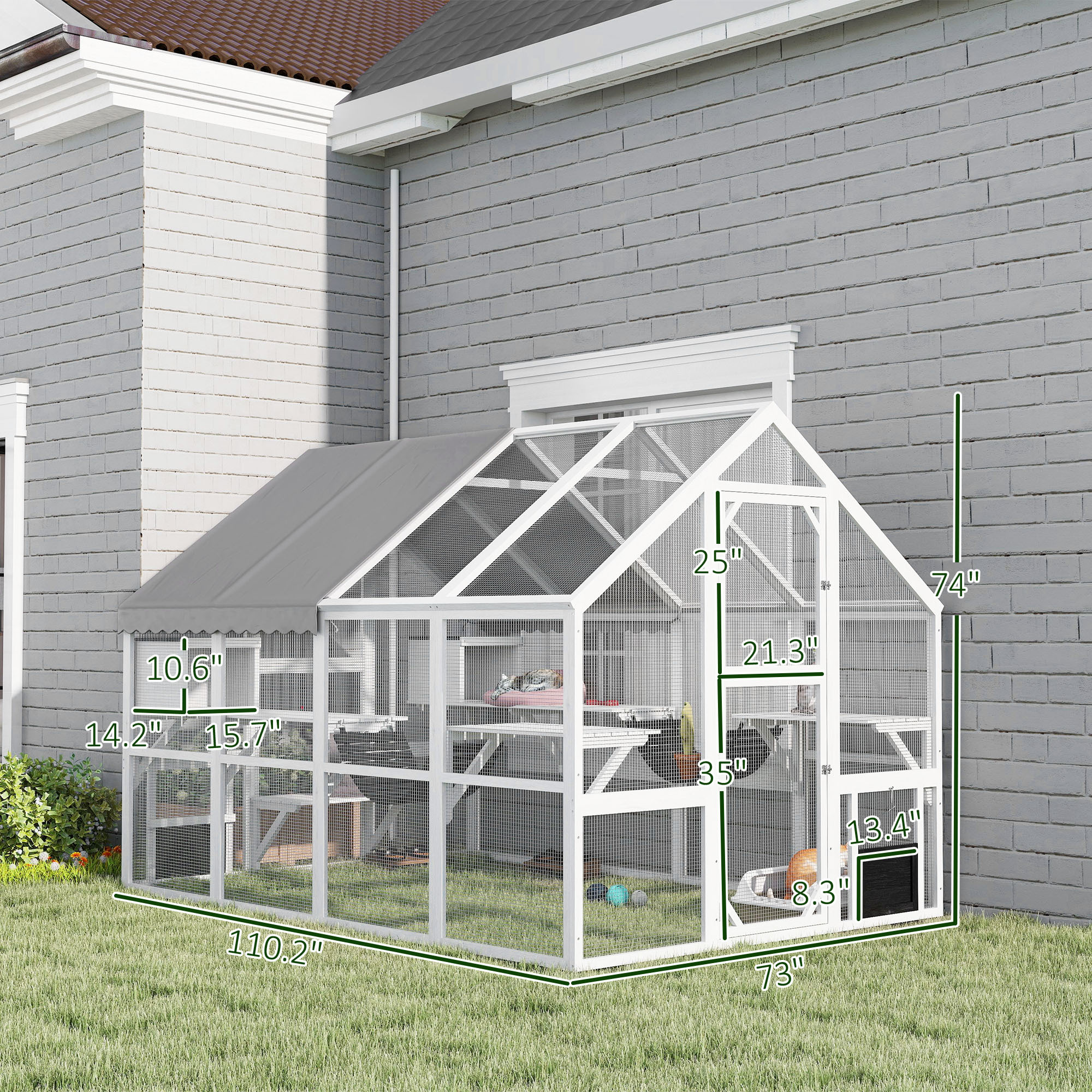 Wooden Catio Outdoor Cat Enclosure With Waterproof Cover, 2 Condos, 6 Platforms, Bridge, Doors, White - Image 3