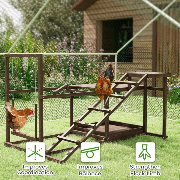 Wooden Chicken Activity Play Set With Perch, Swing, Ladder, Platforms, Feeder Storage, Coffee - Image 4