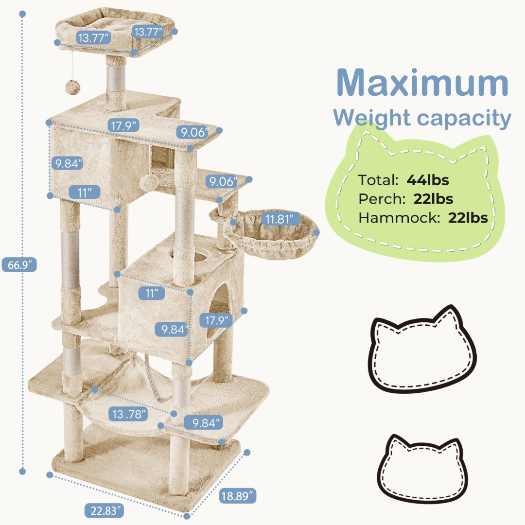 66 Inch Cat Tree Tower, Large Multi-Cat Climbing Extended Platform, Hammock, Pet House For Indoor Cats And Kittens Play - Image 2