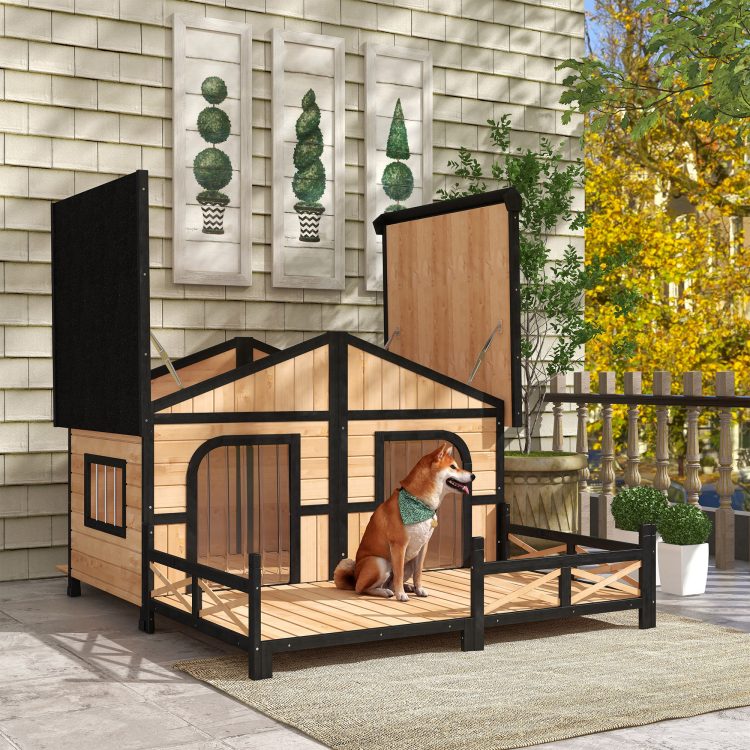 59x64x39 Large Wooden Dog House Raised Weatherproof Rustic Log Cabin Style Elevated Pet Shelter Porch Deck, Natural