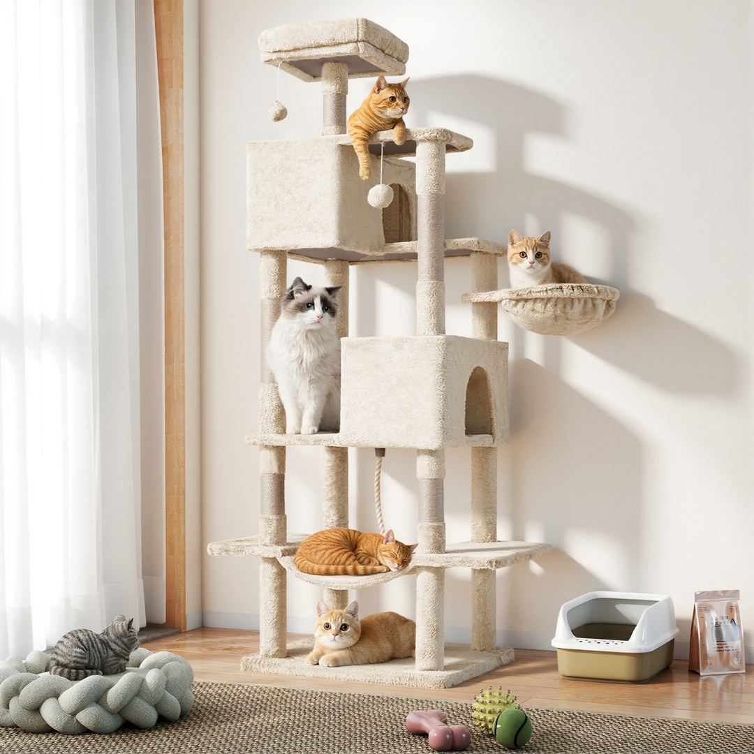 66 Inch Cat Tree Tower, Large Multi-Cat Climbing Extended Platform, Hammock, Pet House For Indoor Cats And Kittens Play - Image 7