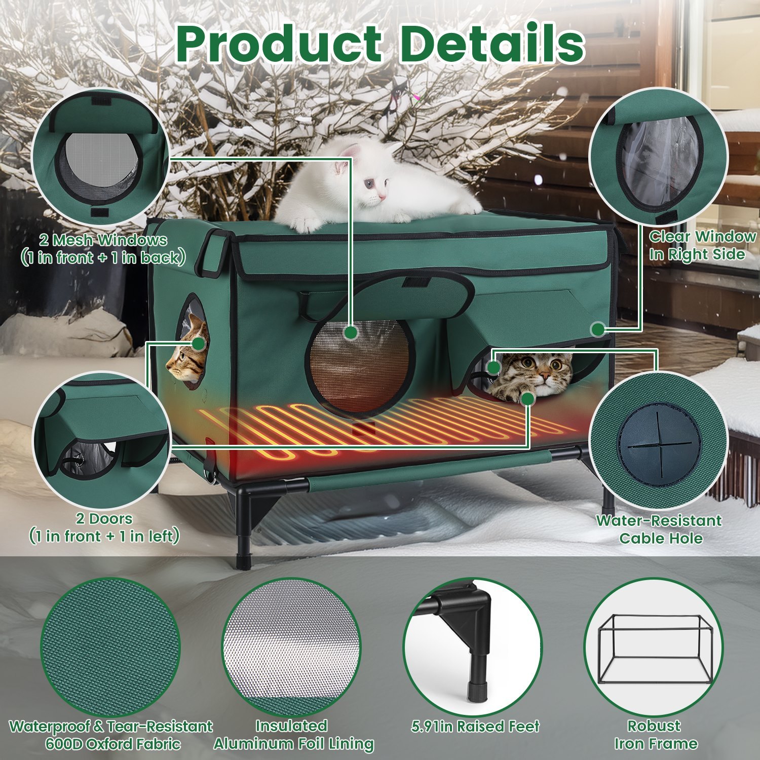 1Pc Waterproof Heated Cat House Outdoor Weatherproof Insulated Kitty Shelter Feral Cat Heating Bed With Heating Pad Anti-Chew Cord 2 Doors 3 Windows For Indoors Outdoors Winter Summer - Image 9