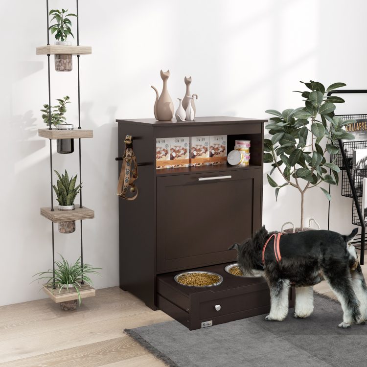 Pet Feeder Station Storage Cabinet, Dog Food Storage Container with Dog Raised Bowls, Watering Supplies, Gray