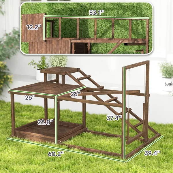 Wooden Chicken Activity Play Set With Perch, Swing, Ladder, Platforms, Feeder Storage, Coffee - Image 3