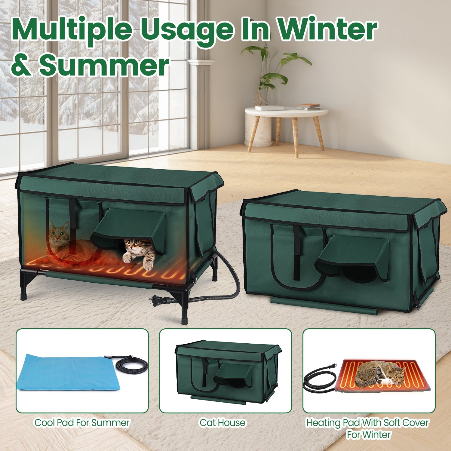 1Pc Waterproof Heated Cat House Outdoor Weatherproof Insulated Kitty Shelter Feral Cat Heating Bed With Heating Pad Anti-Chew Cord 2 Doors 3 Windows For Indoors Outdoors Winter Summer - Image 6