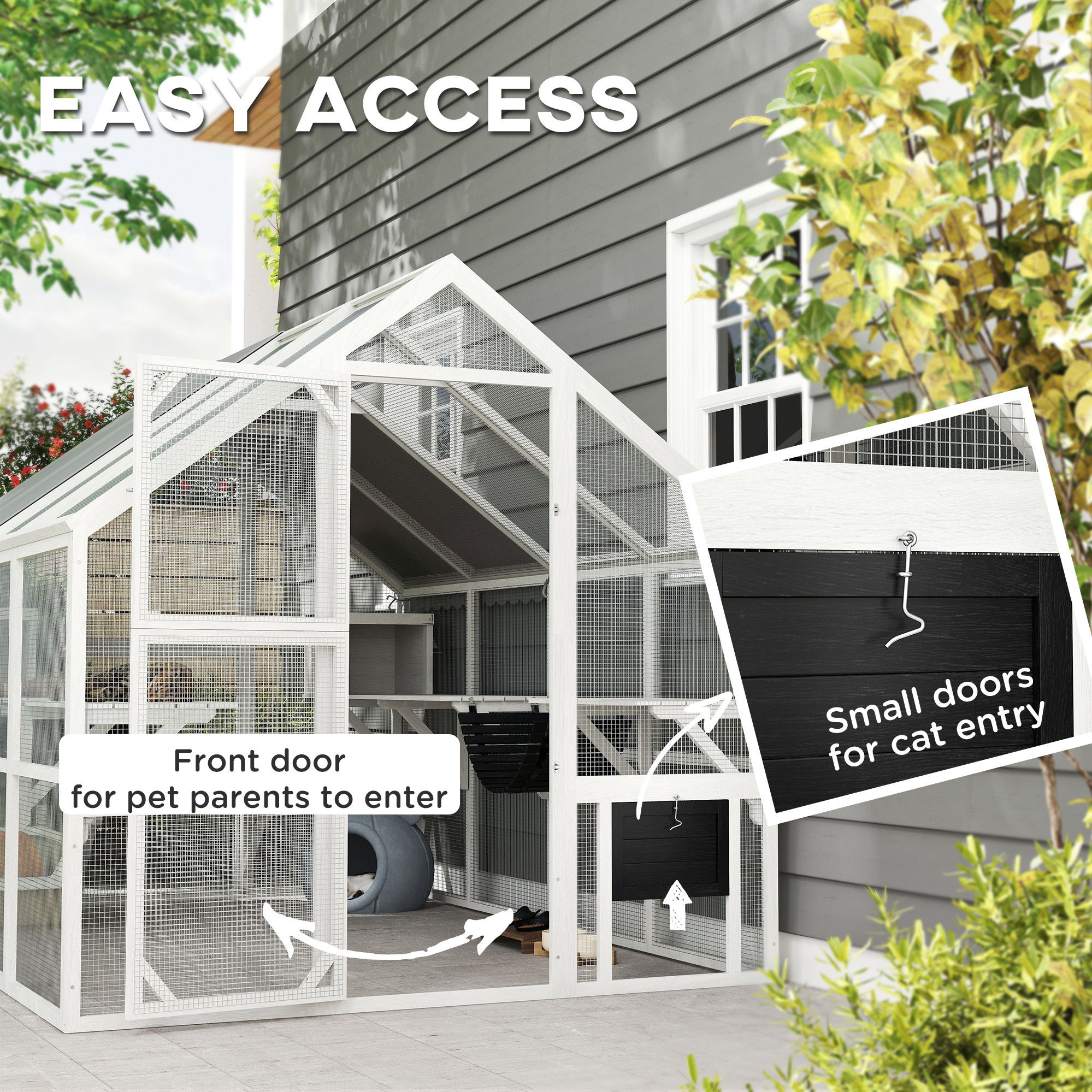Wooden Catio Outdoor Cat Enclosure With Waterproof Cover, 2 Condos, 6 Platforms, Bridge, Doors, White - Image 4