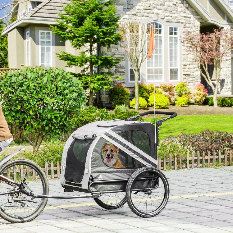 2-in-1 Pet Bike Trailer for Small Medium Dogs, Road-Visibility Dog Stroller Bicycle Carrier, Weather-Strong Bike Wagon Trailer Sidecar Attachment, Gray