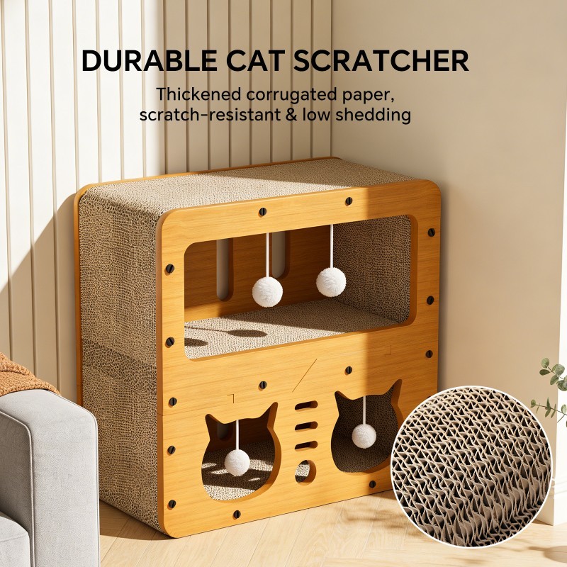 45cm Double Layer Double Cat Head Cat Scratcher Sofa, With 4 Teaser Balls, Wood -Corrugated Scratcher, Cat Claw Care & Resting Toy - Image 2