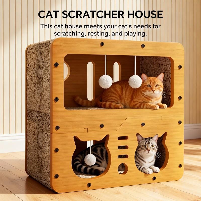 45cm Double Layer Double Cat Head Cat Scratcher Sofa, With 4 Teaser Balls, Wood -Corrugated Scratcher, Cat Claw Care & Resting Toy - Image 6