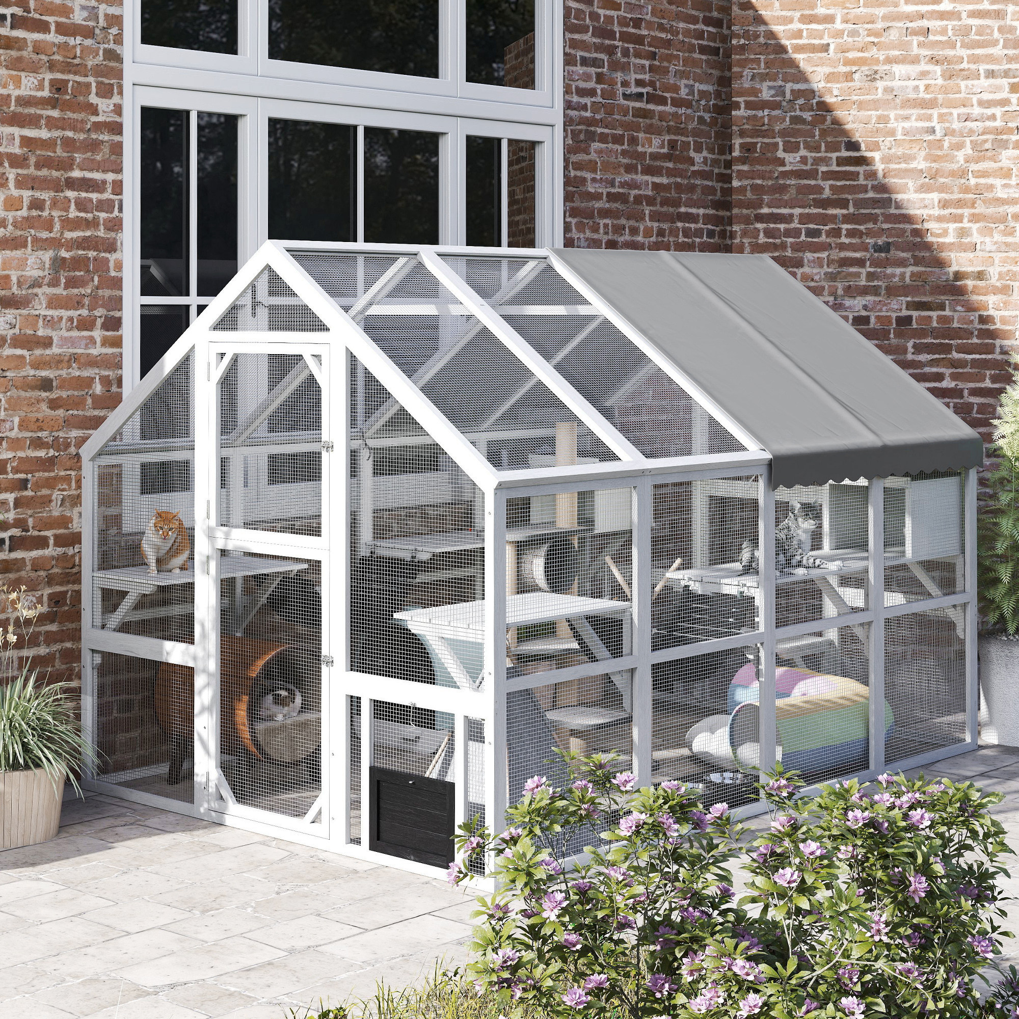 Wooden Catio Outdoor Cat Enclosure With Waterproof Cover, 2 Condos, 6 Platforms, Bridge, Doors, White - Image 2
