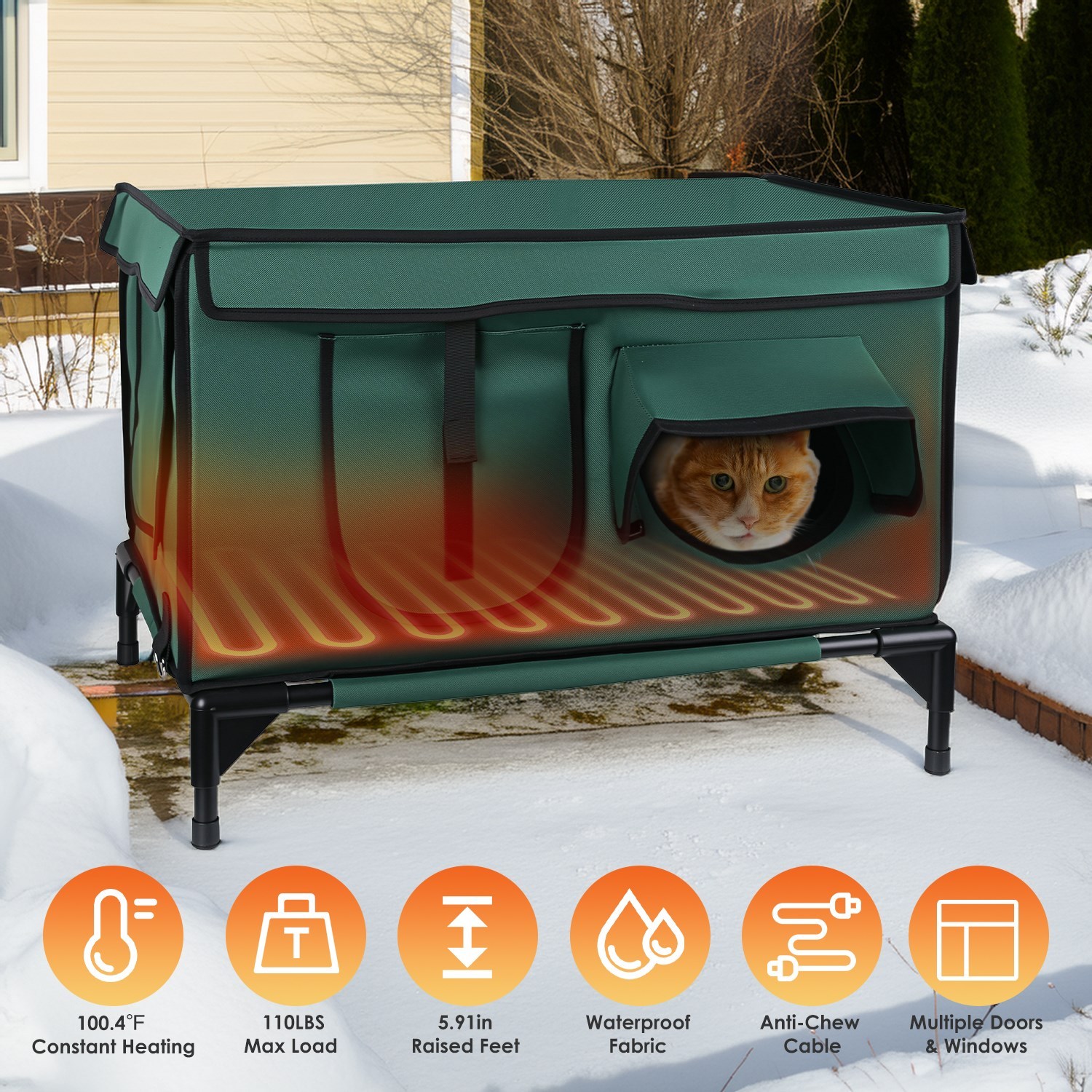 1Pc Waterproof Heated Cat House Outdoor Weatherproof Insulated Kitty Shelter Feral Cat Heating Bed With Heating Pad Anti-Chew Cord 2 Doors 3 Windows For Indoors Outdoors Winter Summer - Image 3