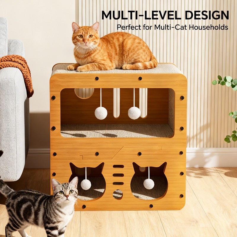 45cm Double Layer Double Cat Head Cat Scratcher Sofa, With 4 Teaser Balls, Wood -Corrugated Scratcher, Cat Claw Care & Resting Toy - Image 3