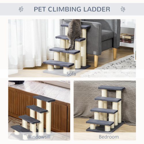 PawHut Cat Tree With 4 Steps For High Beds Couch, Cute Stair Shaped Cat Tree For Indoor Cats Or Dogs W Sisal Scratching Post, Climbing, Playing, Gray - Image 3