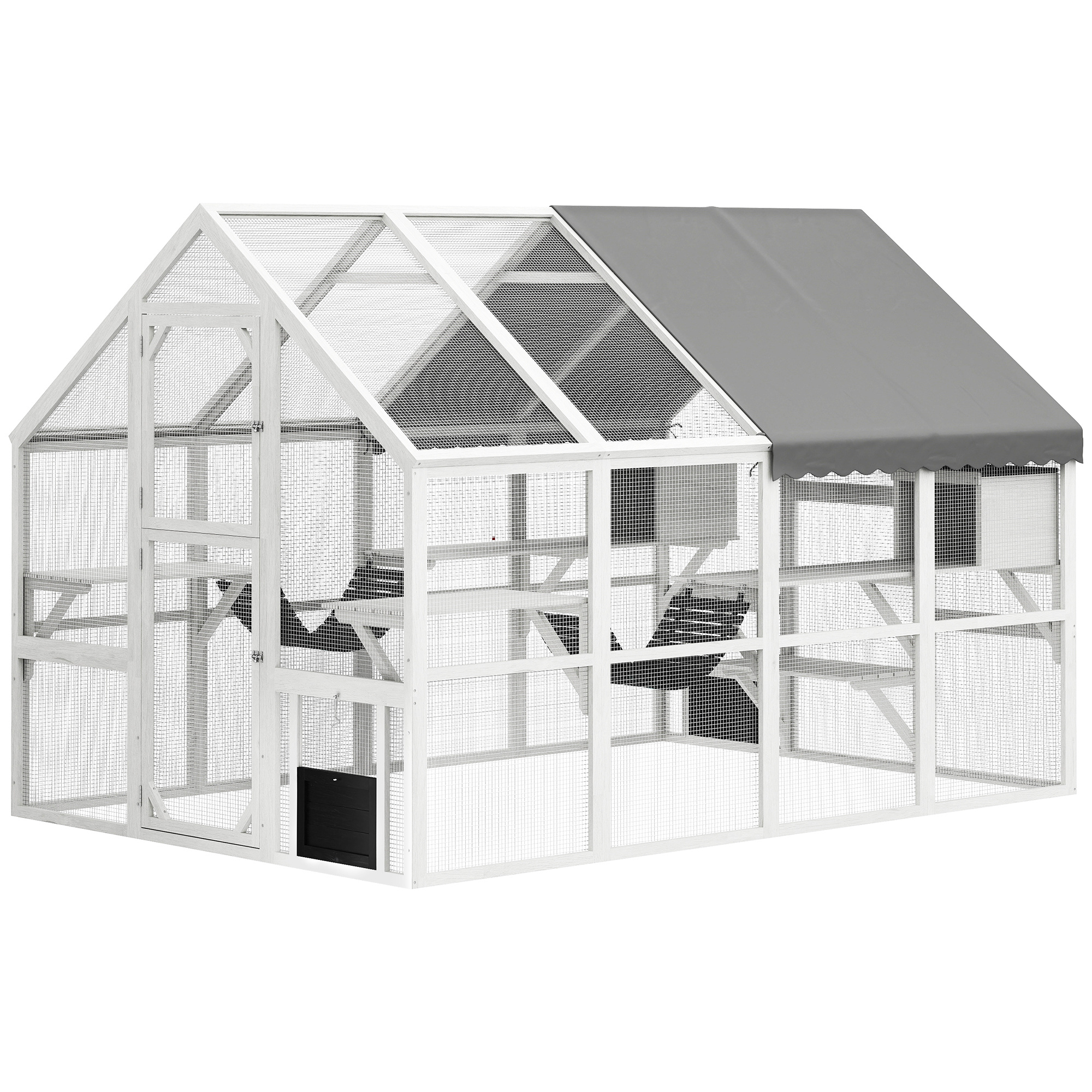 Wooden Catio Outdoor Cat Enclosure With Waterproof Cover, 2 Condos, 6 Platforms, Bridge, Doors, White - Image 6