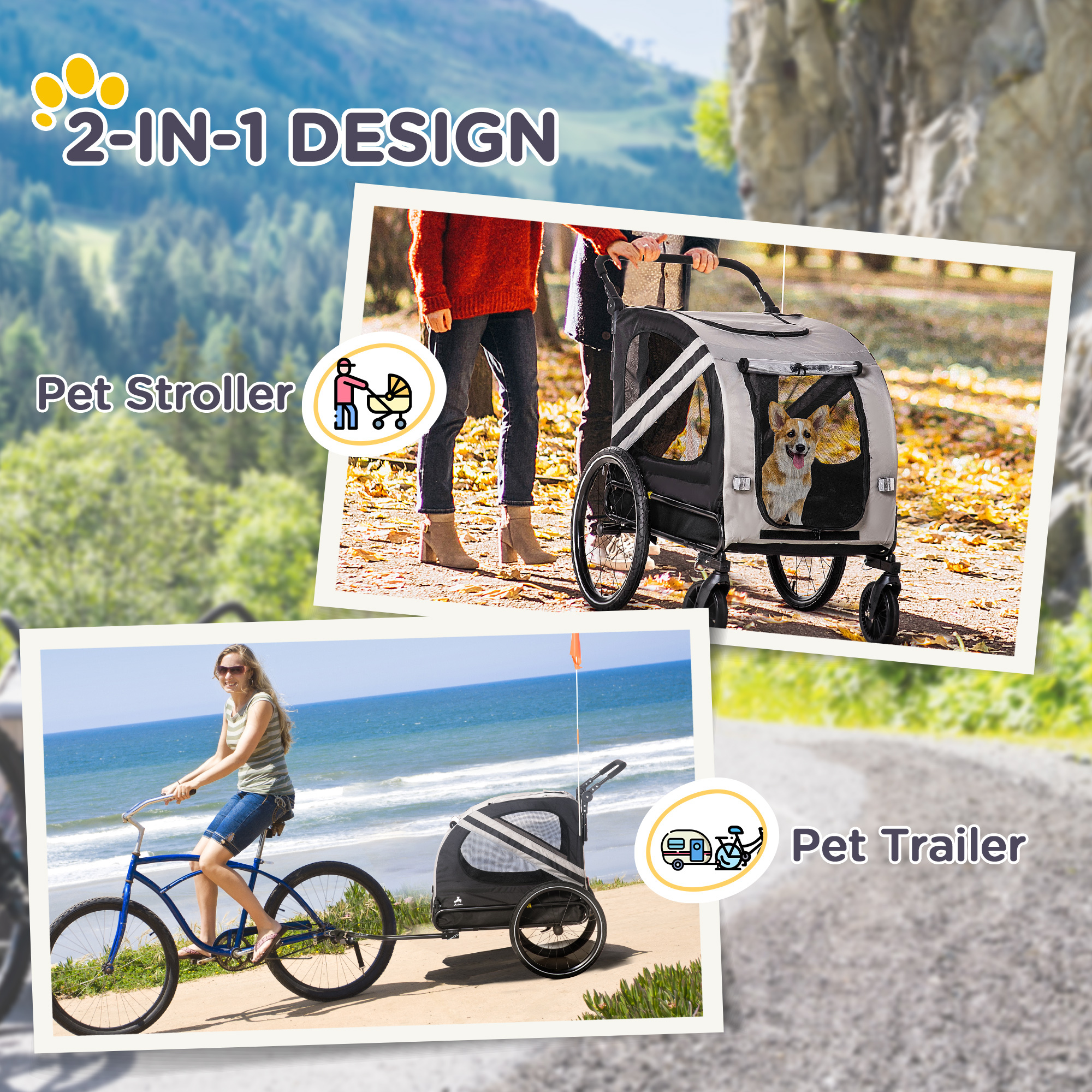 2-in-1 Pet Bike Trailer for Small Medium Dogs, Road-Visibility Dog Stroller Bicycle Carrier, Weather-Strong Bike Wagon Trailer Sidecar Attachment, Gray - Image 2