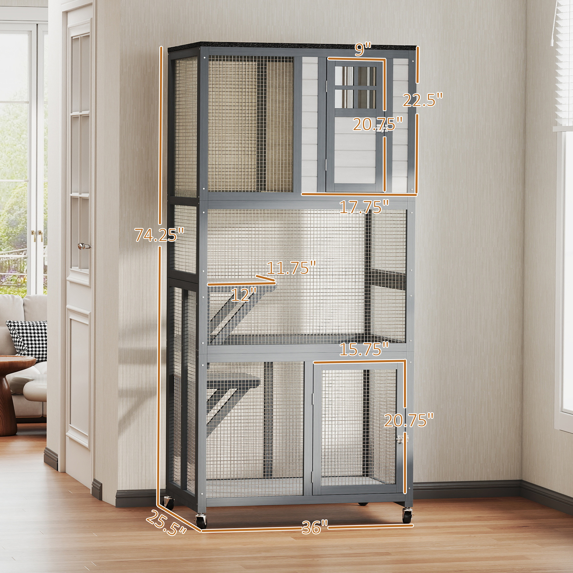 74" Wooden Outdoor Cat House Catio with High Weight Capacity, Cat Cage Condo, Dark Gray - Image 2