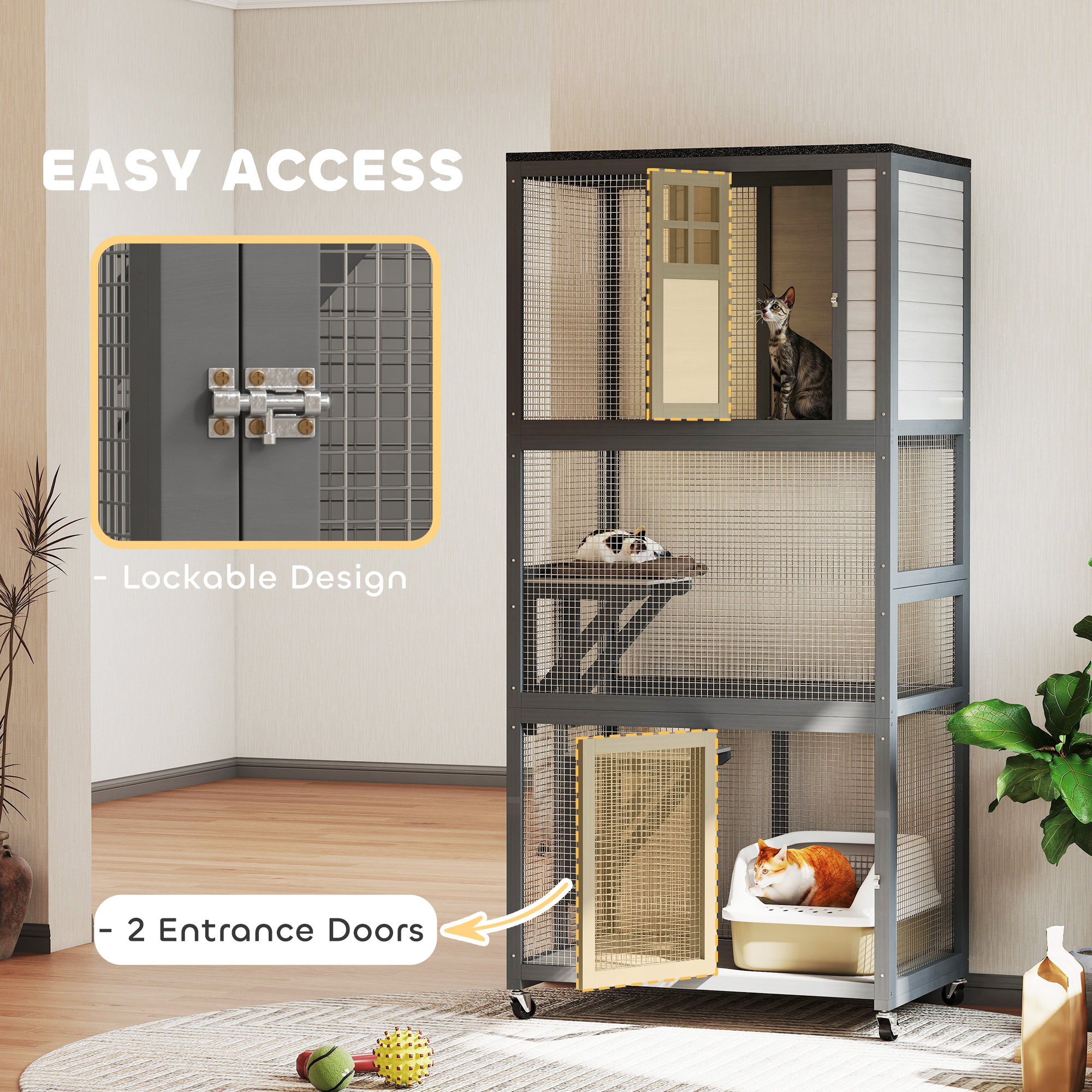 74" Wooden Outdoor Cat House Catio with High Weight Capacity, Cat Cage Condo, Dark Gray - Image 5