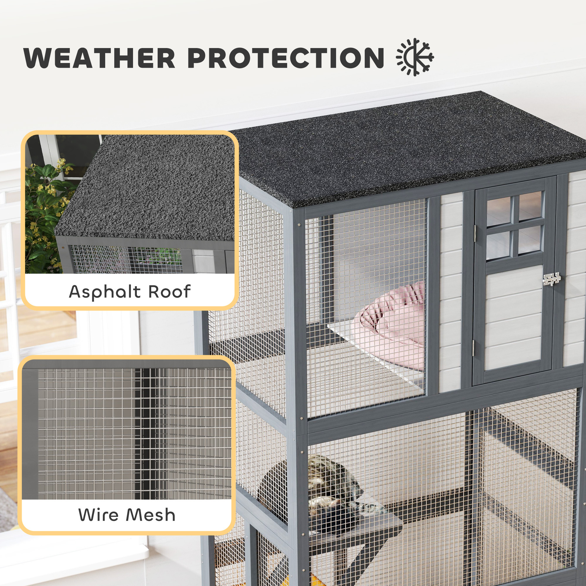 74" Wooden Outdoor Cat House Catio with High Weight Capacity, Cat Cage Condo, Dark Gray - Image 7
