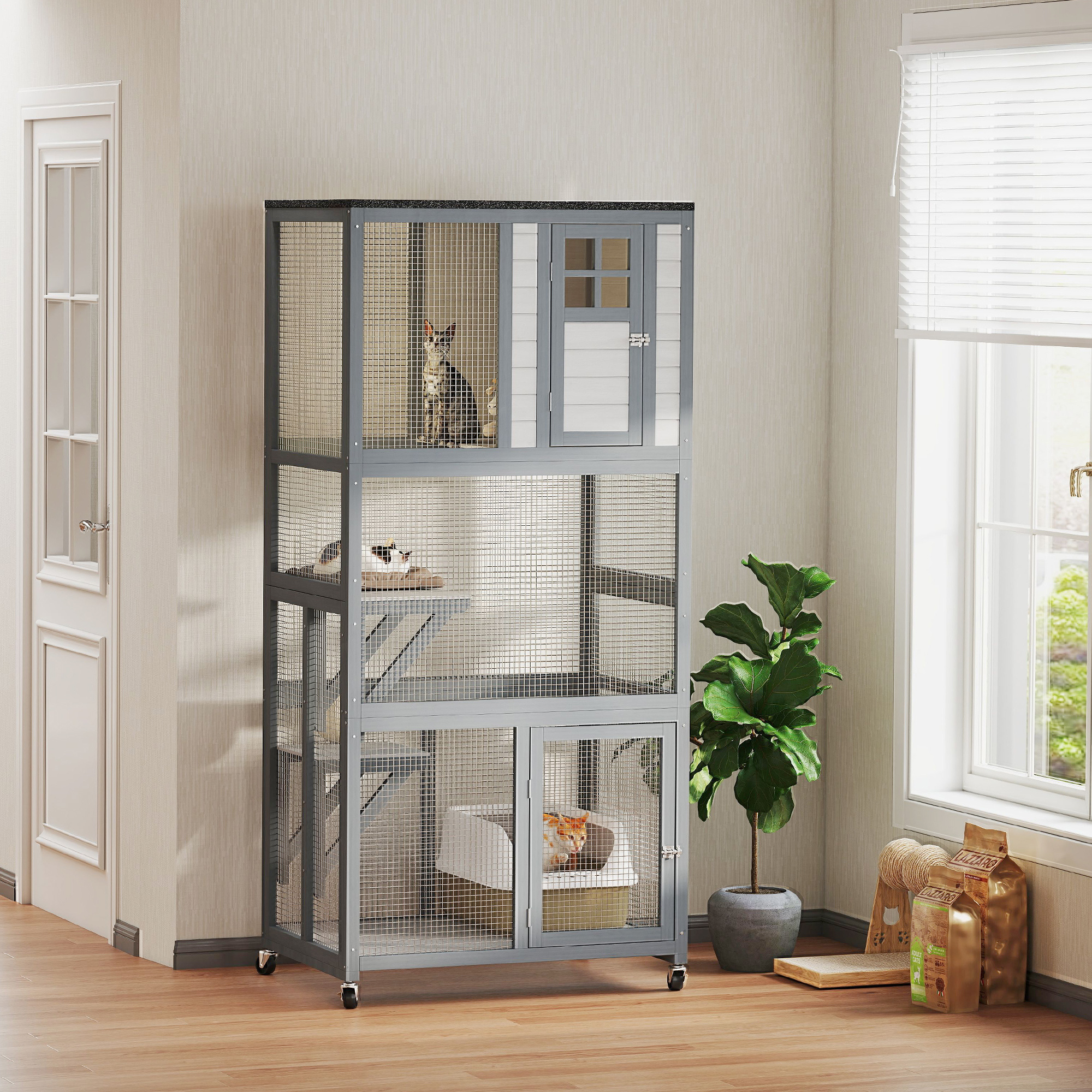 74" Wooden Outdoor Cat House Catio with High Weight Capacity, Cat Cage Condo, Dark Gray - Image 8