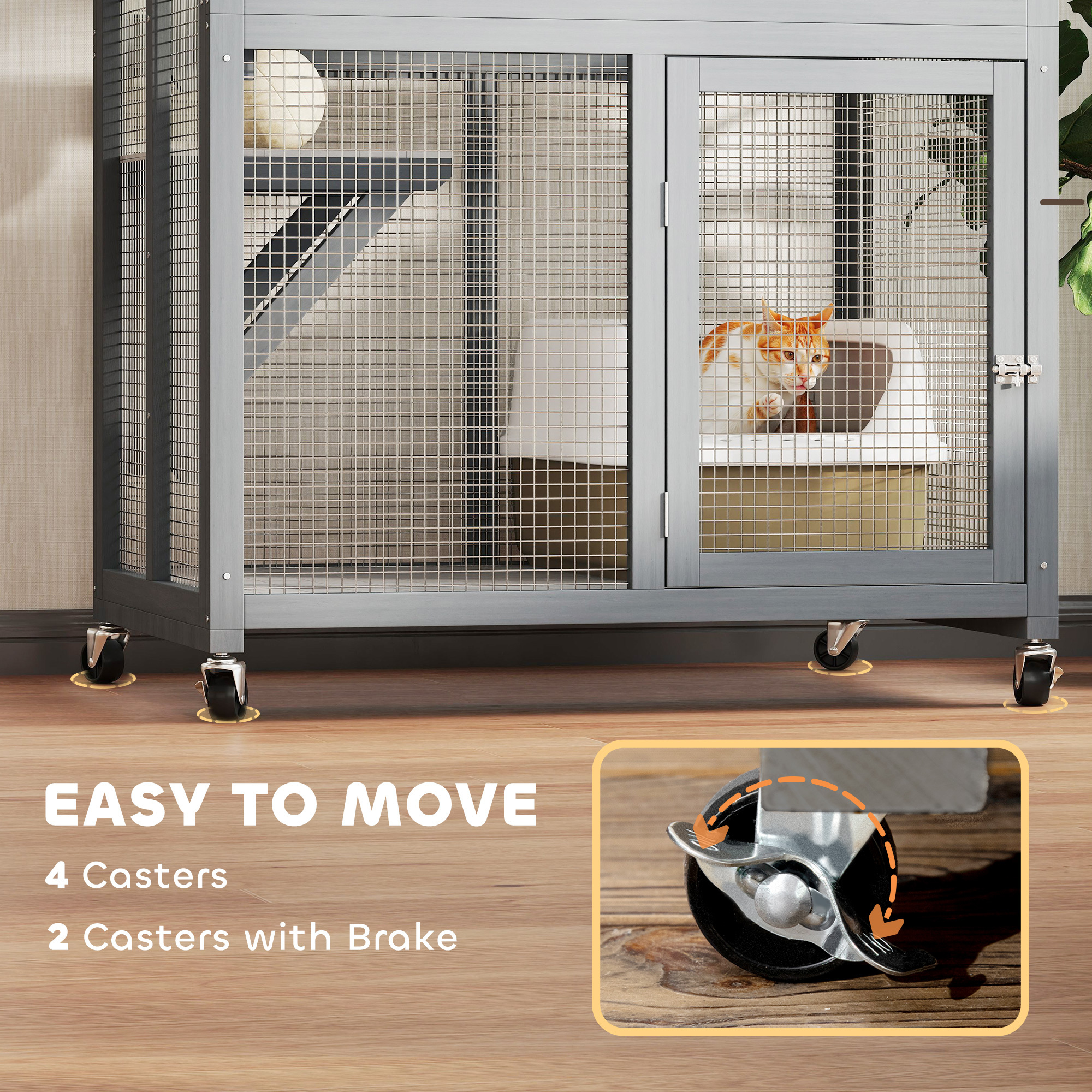 74" Wooden Outdoor Cat House Catio with High Weight Capacity, Cat Cage Condo, Dark Gray - Image 3