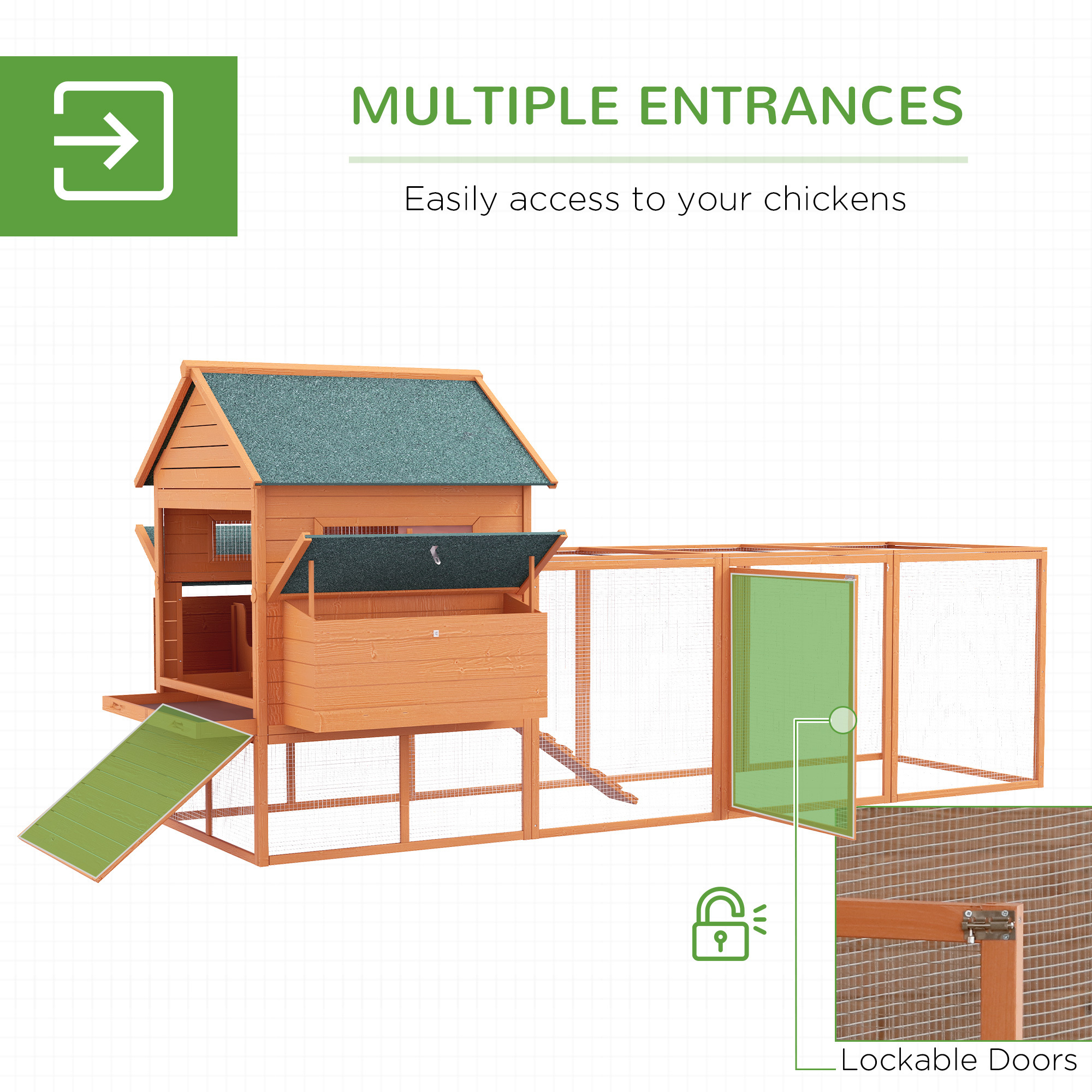 137" Chicken Coop for 8-10 Chickens, Large Chicken House, Wooden Poultry Hen Cage with Nesting Box and Run for Backyard, Orange - Image 5