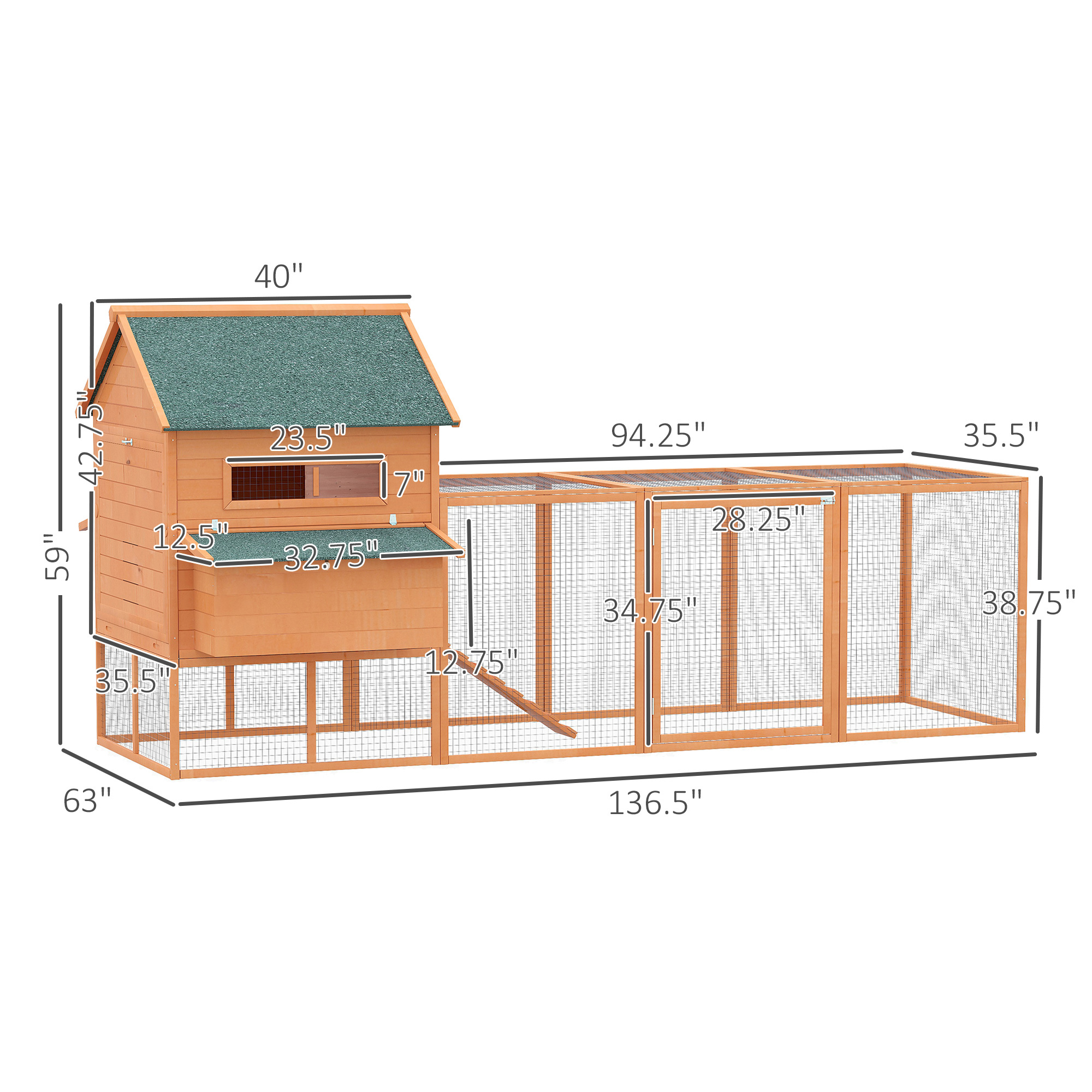 137" Chicken Coop for 8-10 Chickens, Large Chicken House, Wooden Poultry Hen Cage with Nesting Box and Run for Backyard, Orange - Image 4