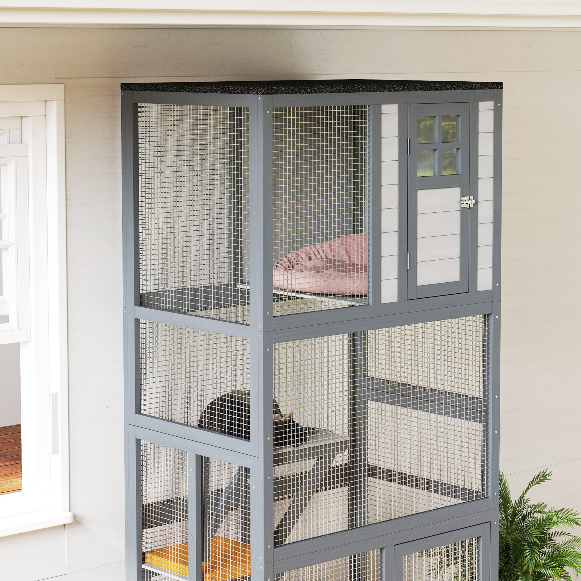 74" Wooden Outdoor Cat House Catio with High Weight Capacity, Cat Cage Condo, Dark Gray - Image 4