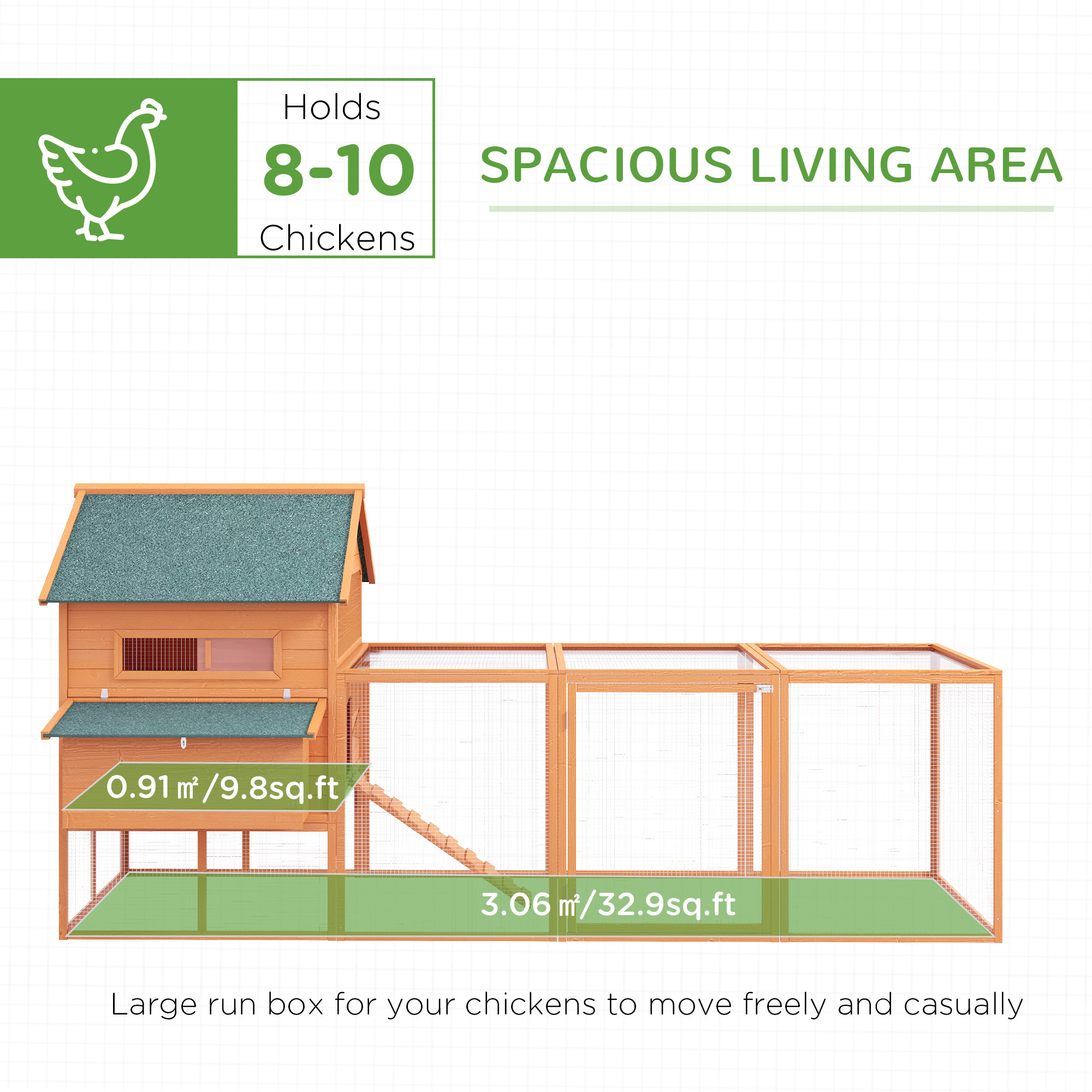 137" Chicken Coop for 8-10 Chickens, Large Chicken House, Wooden Poultry Hen Cage with Nesting Box and Run for Backyard, Orange - Image 2