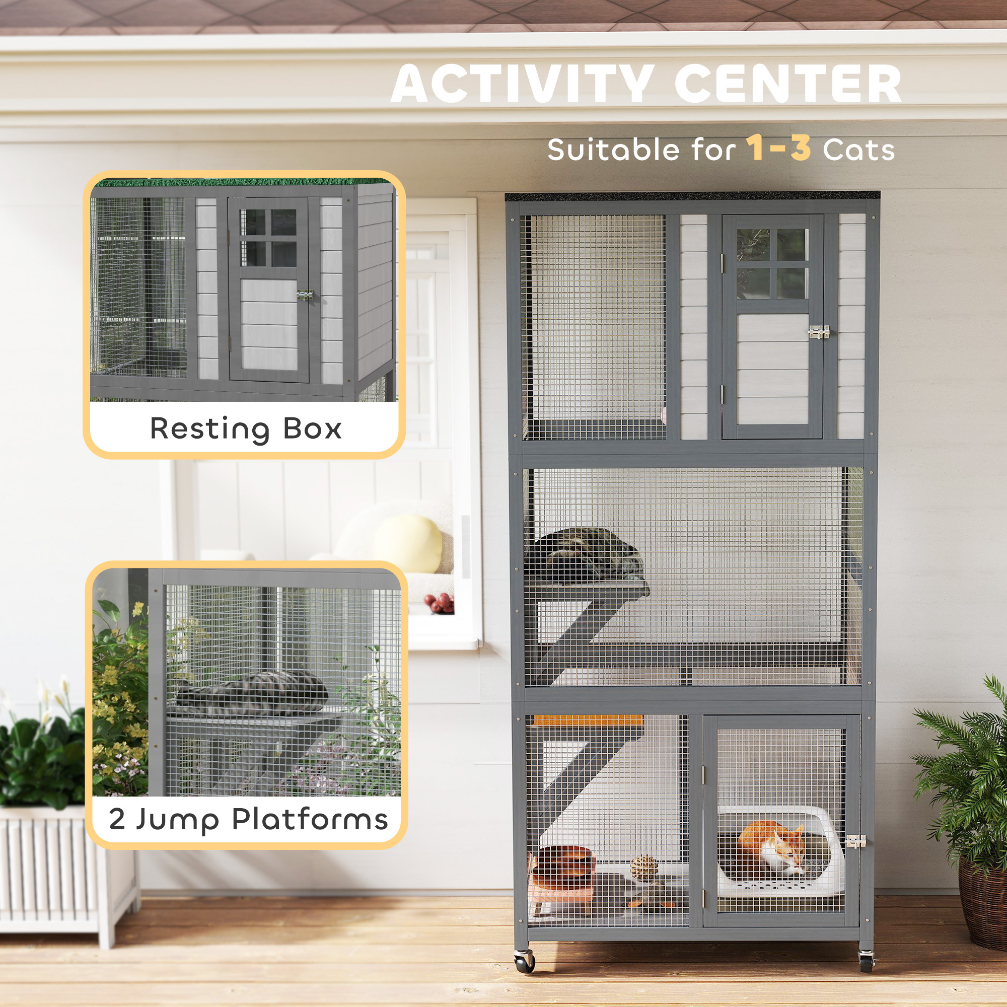 74" Wooden Outdoor Cat House Catio with High Weight Capacity, Cat Cage Condo, Dark Gray - Image 6