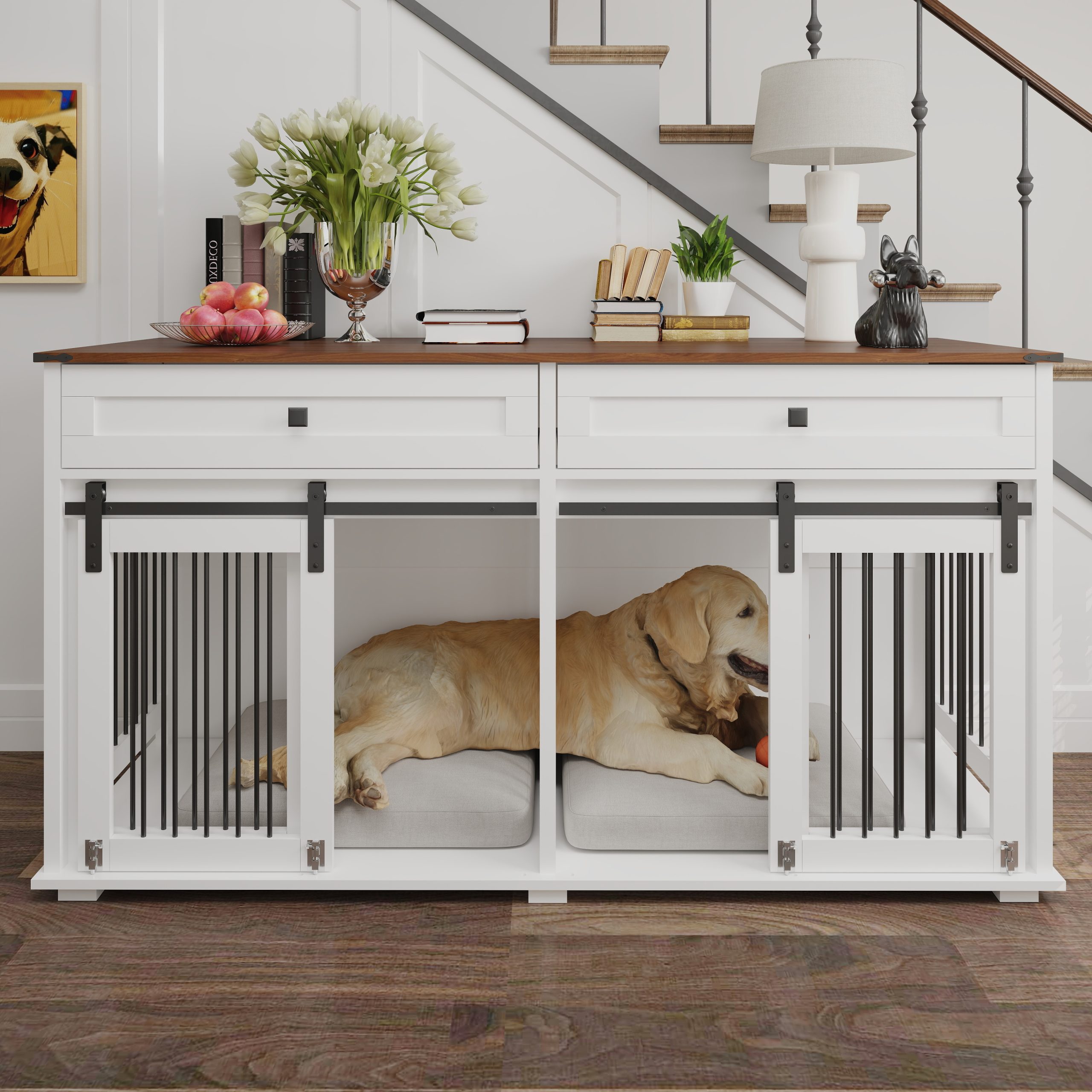 63'' Large Dog Crate Furniture For Double Dog, Wooden Dog Kennel With 2 Drawers,Divider And Sliding Door, Water Resistant Indoor Pets Furniture Style Double Dog Crates - Image 6