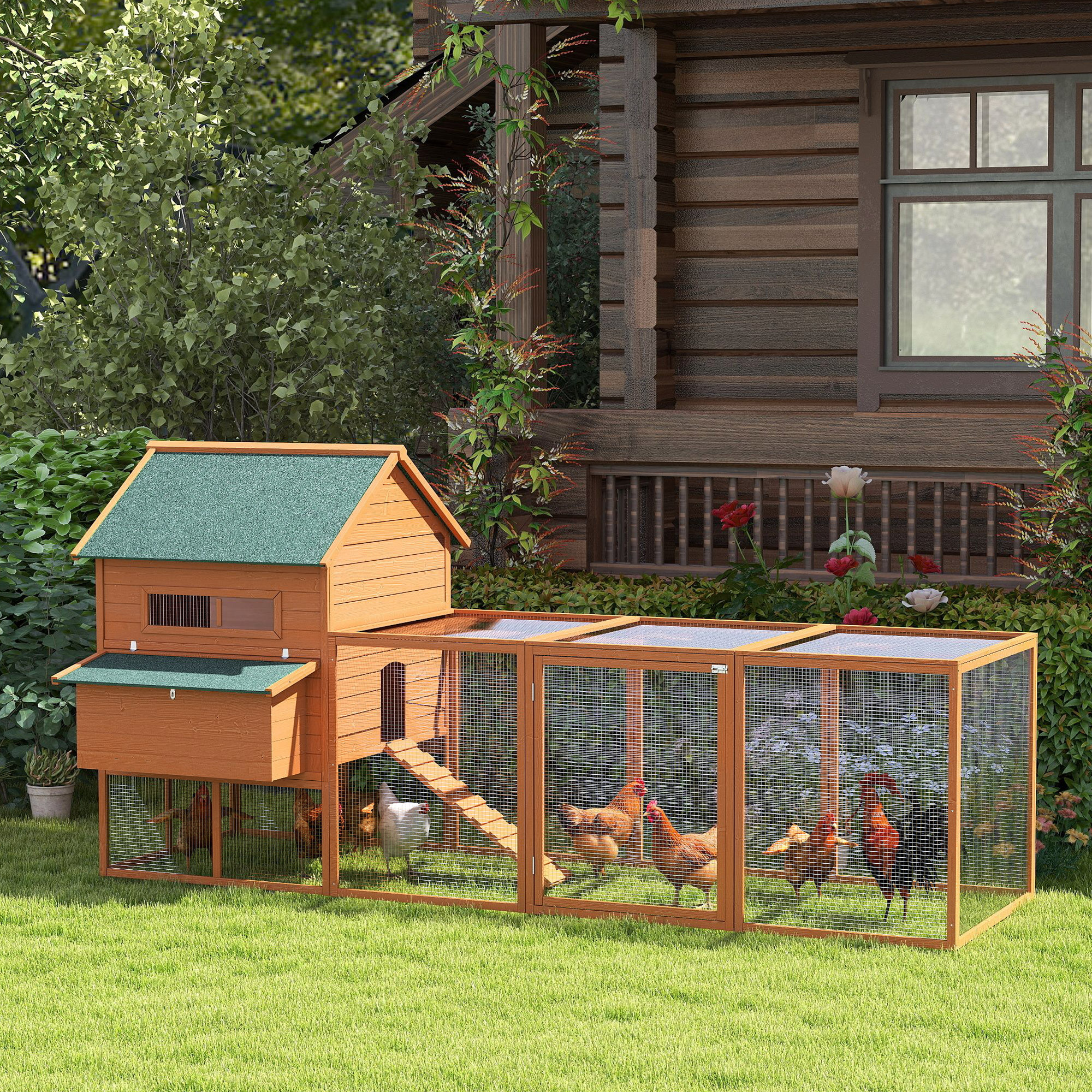 137" Chicken Coop for 8-10 Chickens, Large Chicken House, Wooden Poultry Hen Cage with Nesting Box and Run for Backyard, Orange - Image 3