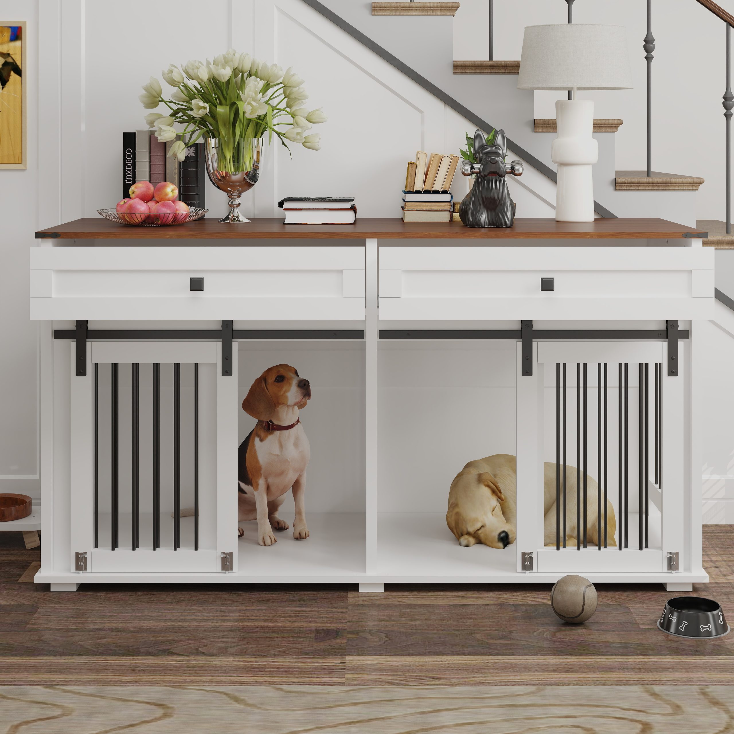 63'' Large Dog Crate Furniture For Double Dog, Wooden Dog Kennel With 2 Drawers,Divider And Sliding Door, Water Resistant Indoor Pets Furniture Style Double Dog Crates - Image 4