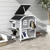 2-story Cat House Outdoor, Weatherproof Wooden Cat Enclosure for Feral Cats with Escape Door, Openable Roof, Jumping Platforms, Gray