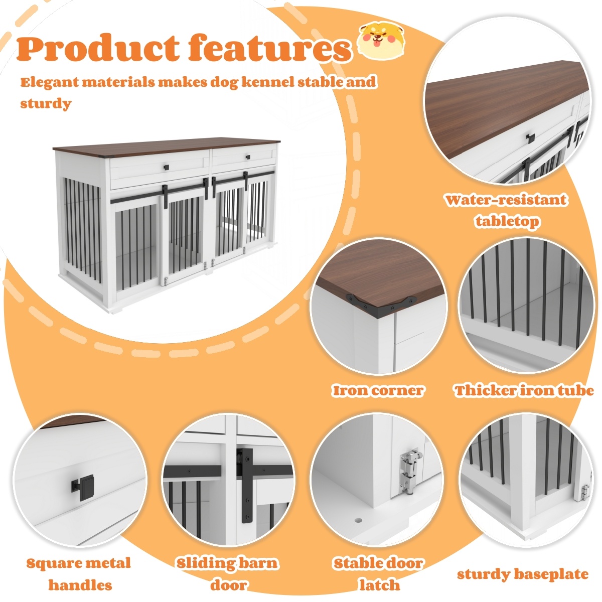 63'' Large Dog Crate Furniture For Double Dog, Wooden Dog Kennel With 2 Drawers,Divider And Sliding Door, Water Resistant Indoor Pets Furniture Style Double Dog Crates - Image 3