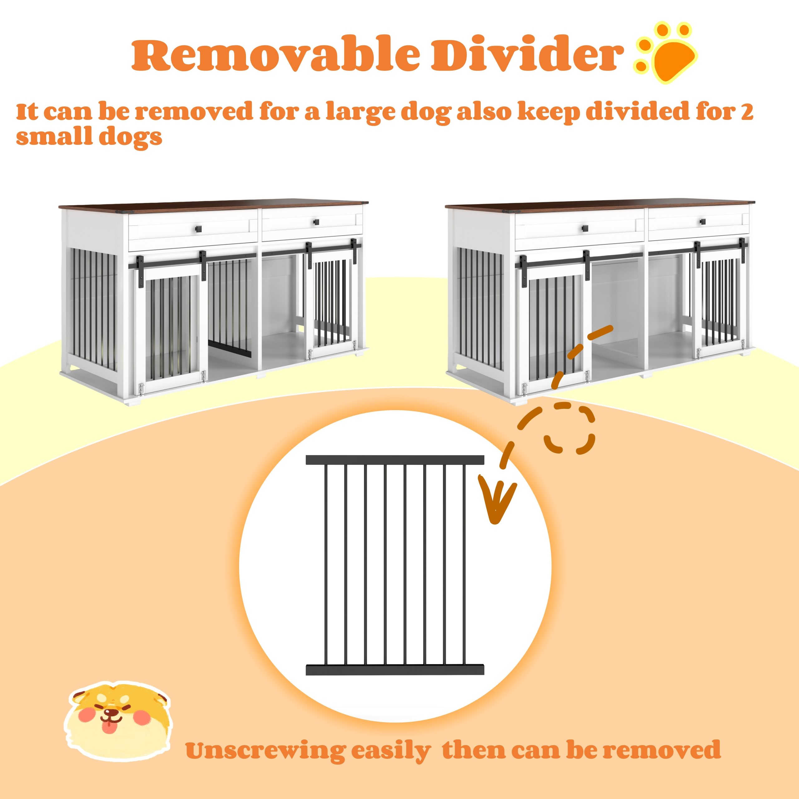 63'' Large Dog Crate Furniture For Double Dog, Wooden Dog Kennel With 2 Drawers,Divider And Sliding Door, Water Resistant Indoor Pets Furniture Style Double Dog Crates - Image 5