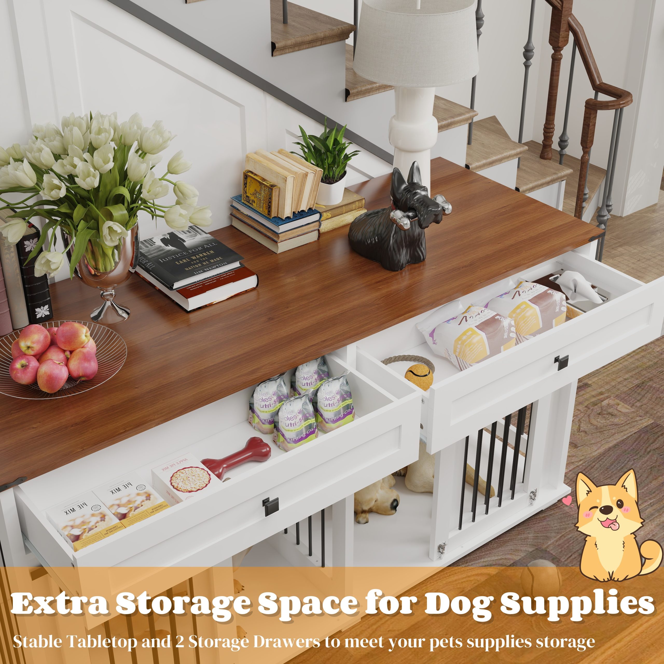 63'' Large Dog Crate Furniture For Double Dog, Wooden Dog Kennel With 2 Drawers,Divider And Sliding Door, Water Resistant Indoor Pets Furniture Style Double Dog Crates - Image 2